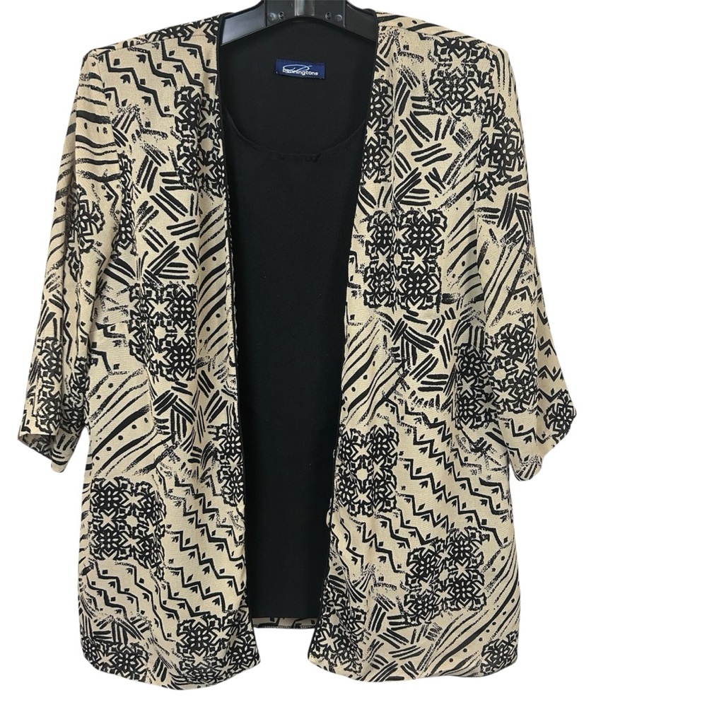 Vintage Pennington’s Tunic‎ Beige Black Geometric Print 3/4 Sleeve Size 16